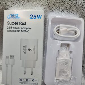 Phixi Next Generation 25W Super Fast Charging power adapter with a USB to Type-C cable.