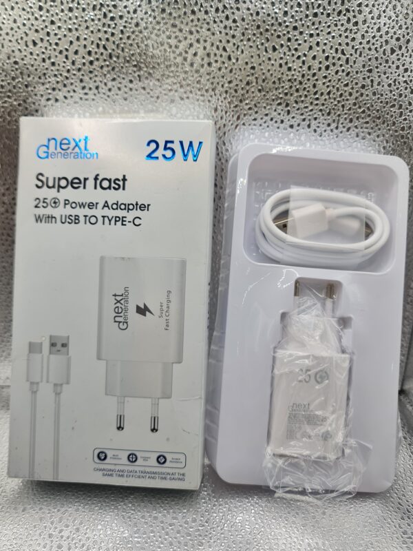 Phixi Next Generation 25W Super Fast Charging power adapter with a USB to Type-C cable.